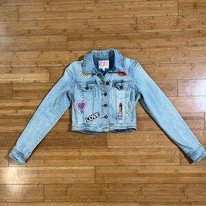 Gianni Bini Cropped Denim Stretch Jacket with Girlhoodcore Nostalgic Patches